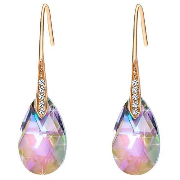 14K Yellow Gold with Rainbow Topaz Austrian Crystal Teardrop Drop Hook Earrings